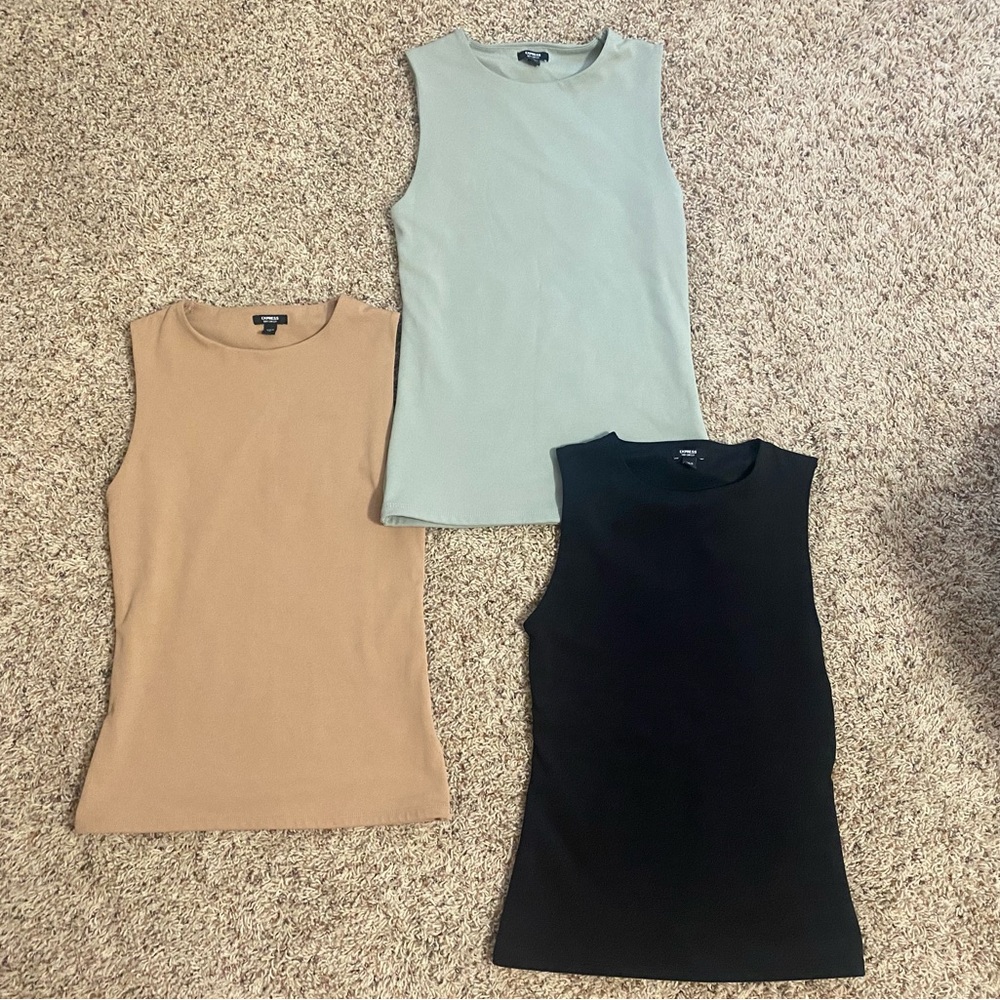 Express Body Contour Crew Neck Tanks Set of 3 (Black, Tan, Green)